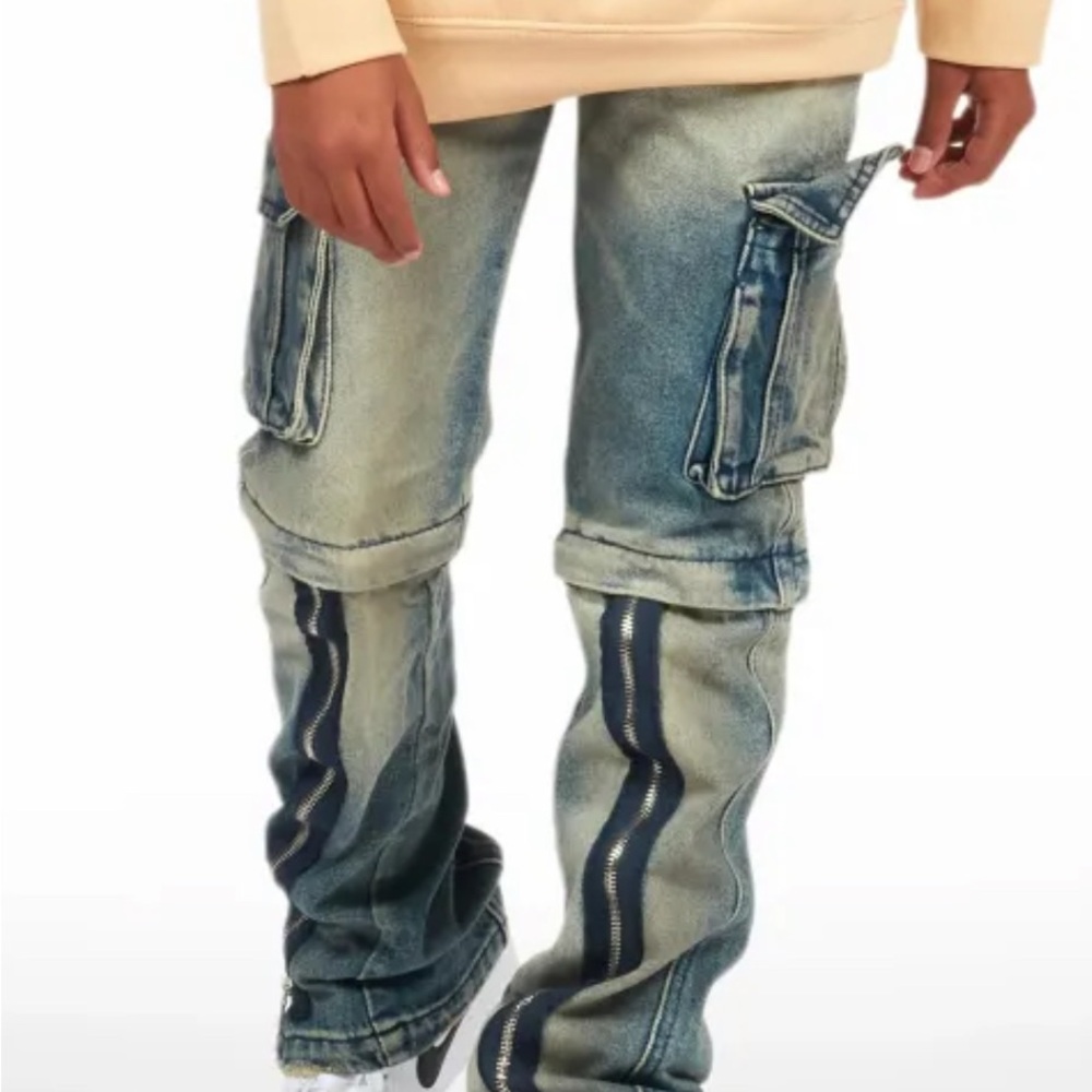 Kids Light Blue Washed Cargo Jeans with Zipper Trim